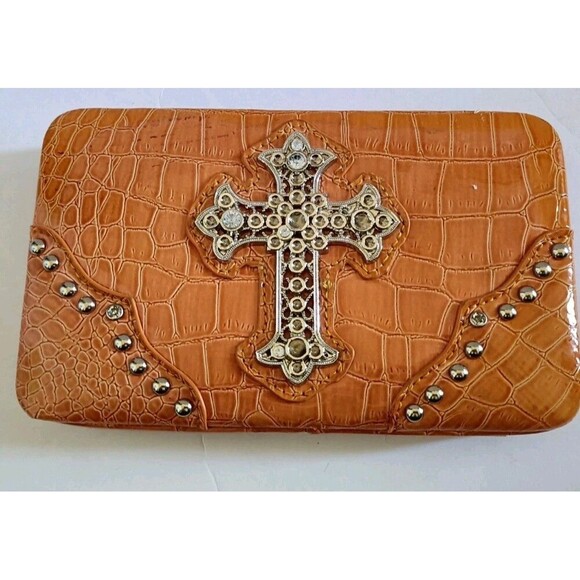 Hananel Wallet Clutch Rhinestone Cross Tan Croc Print Check Book Cover Snap New - Picture 7 of 10